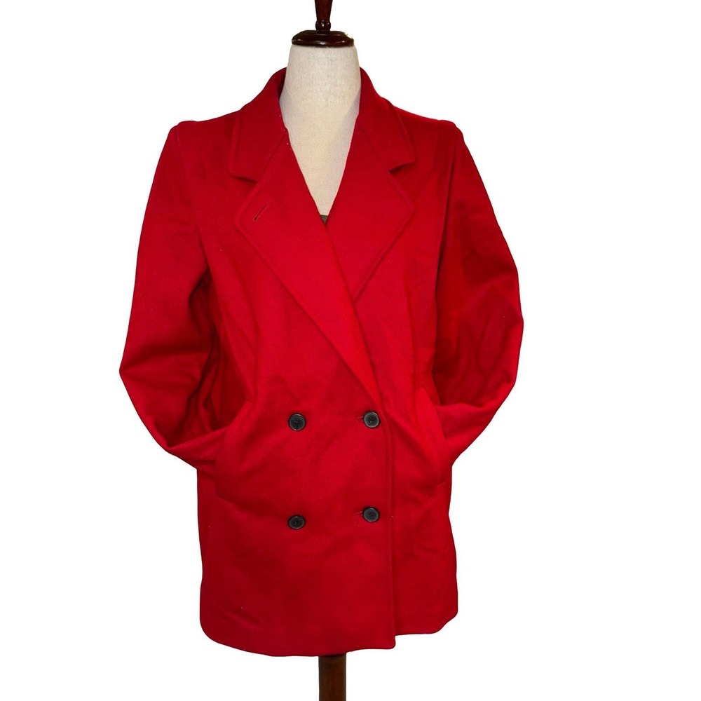Vintage Wool Pea Coat Women Red Double Breasted Paisley Lining 80s Size 9/10 - Picture 4 of 11